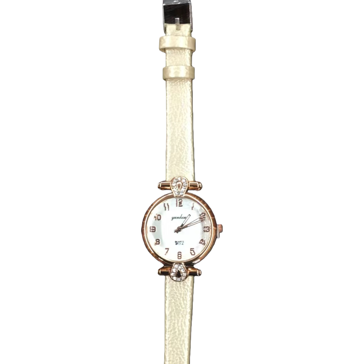 A beige leather strap rose gold diamond-encrusted women's watch Item Picture