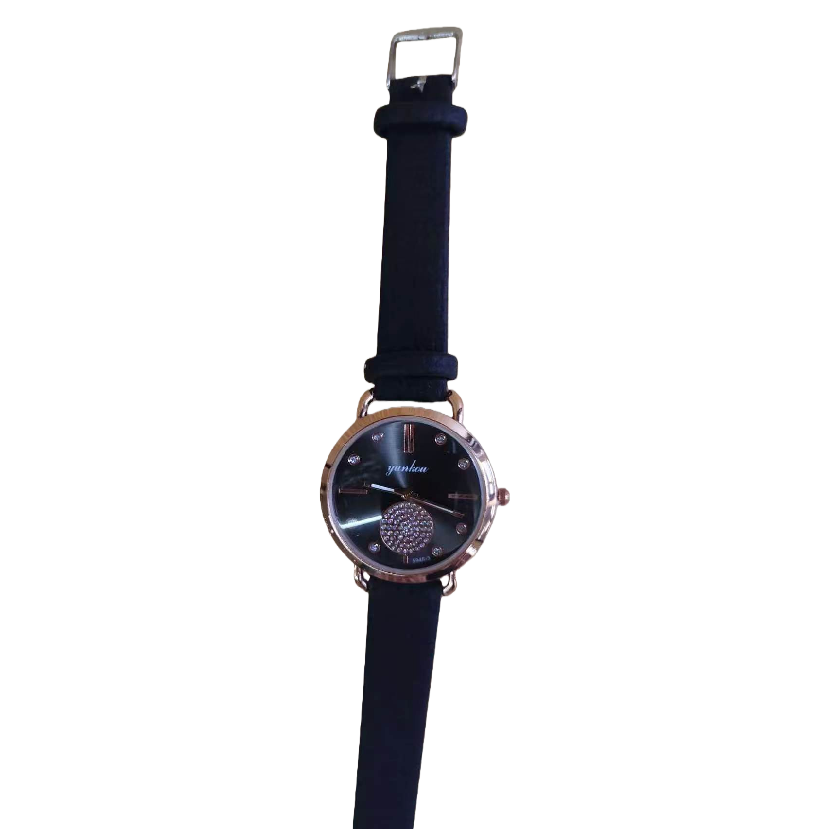 Ladies' quartz watch with black strap and rose gold frame Item Picture