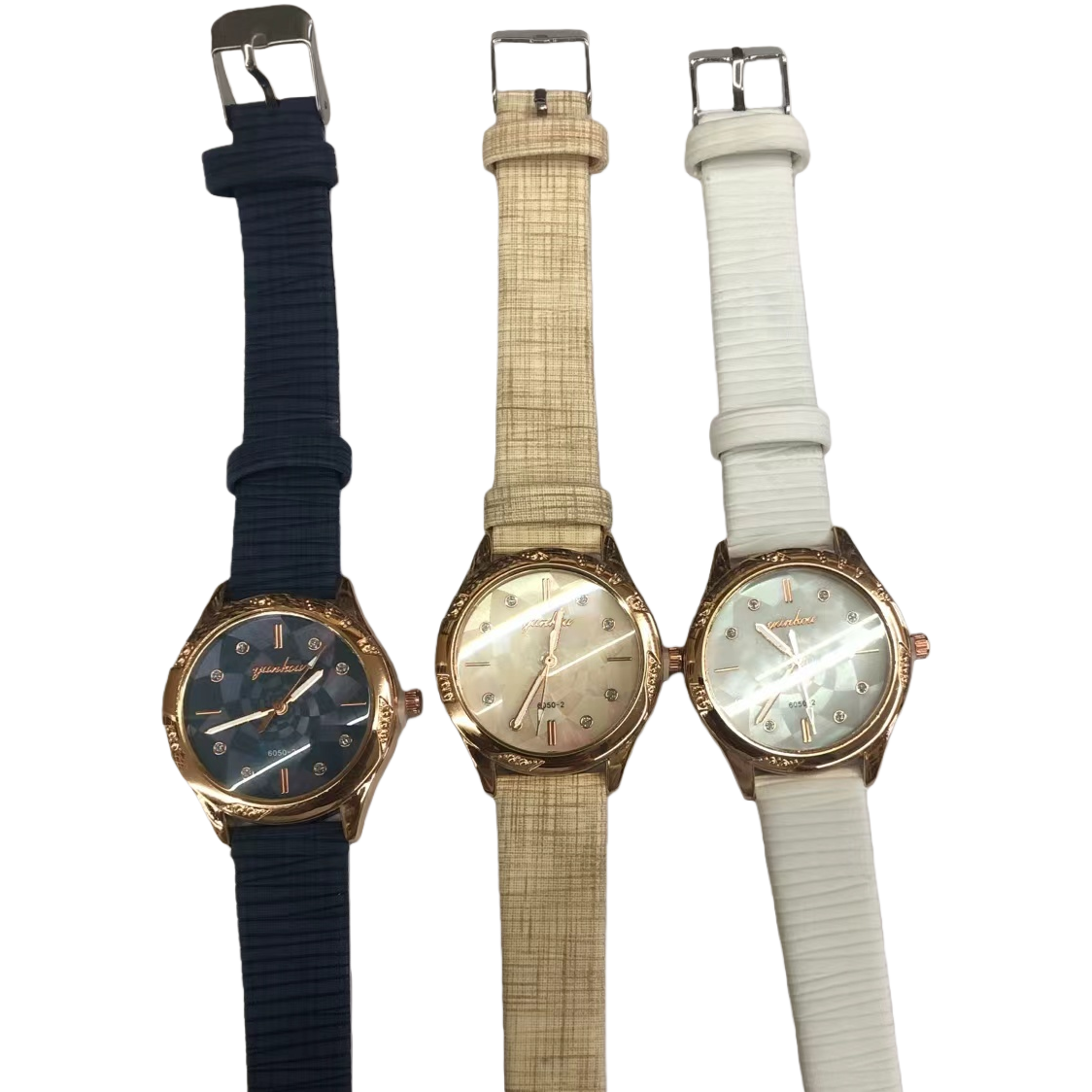 Three men's fashion watches with golden cases and deep blue and off-white textured straps Item Picture