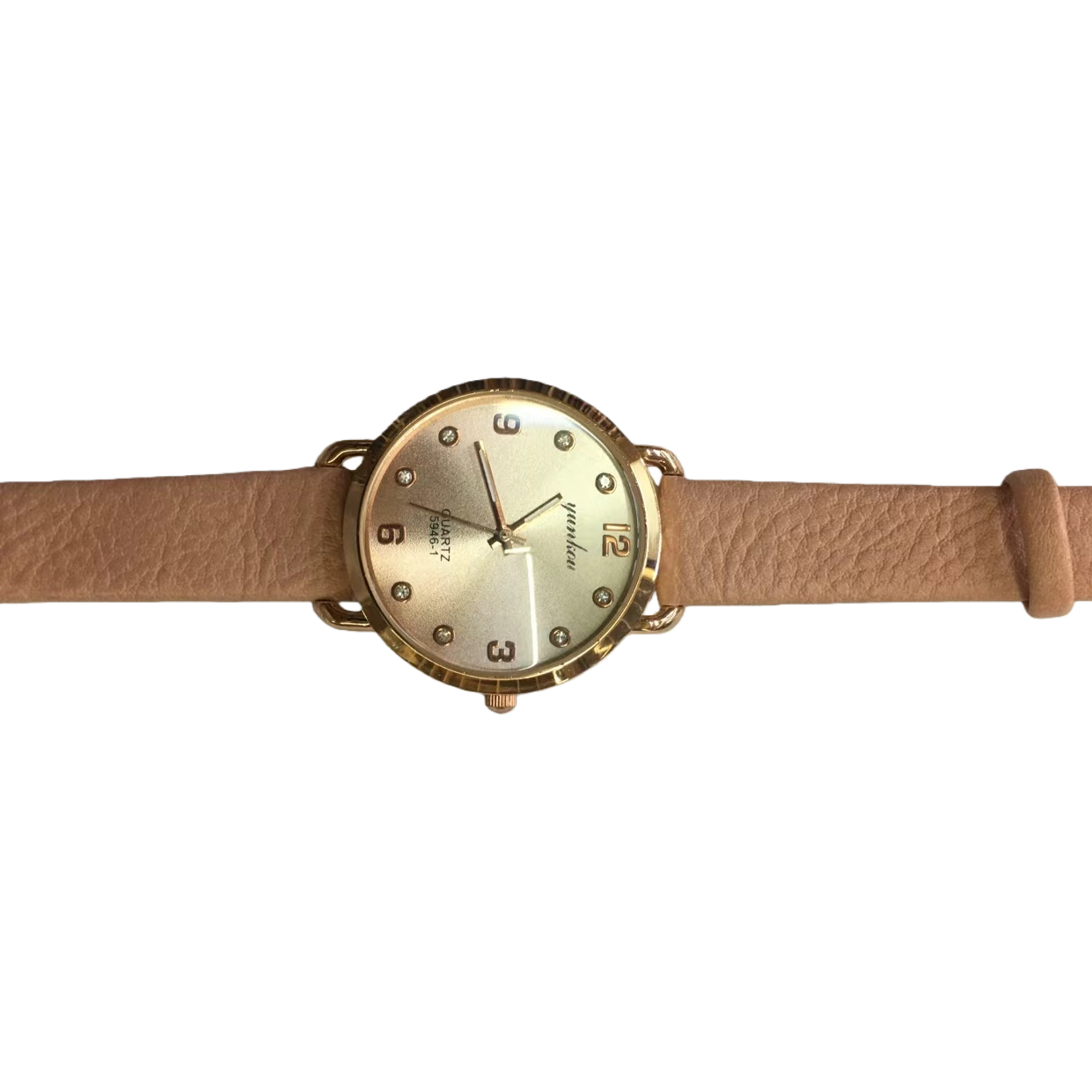 A simple and fashionable quartz watch for both men and women with a golden case and beige leather strap Item Picture