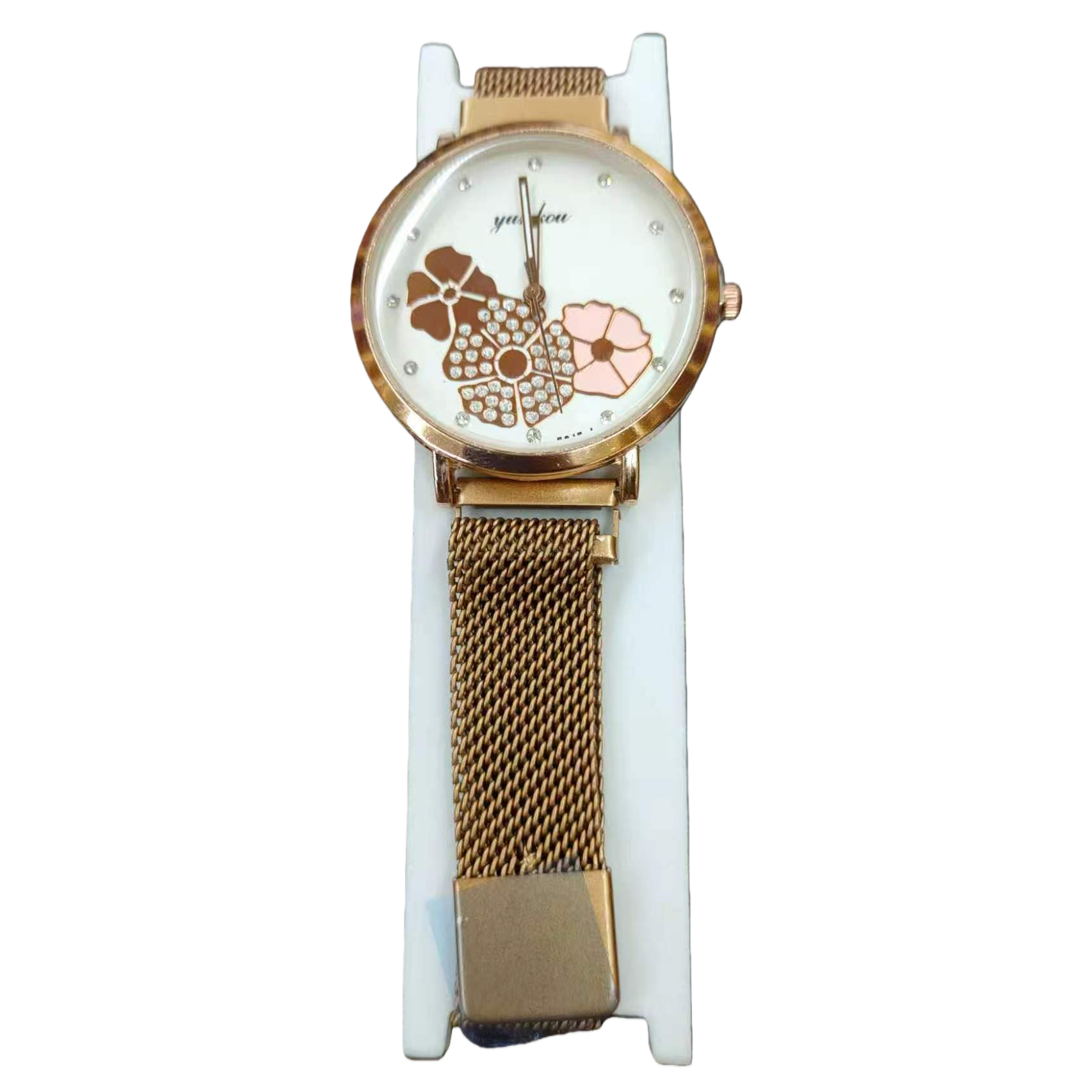 Gold case, white dial, floral pattern rhinestone watch Item Picture