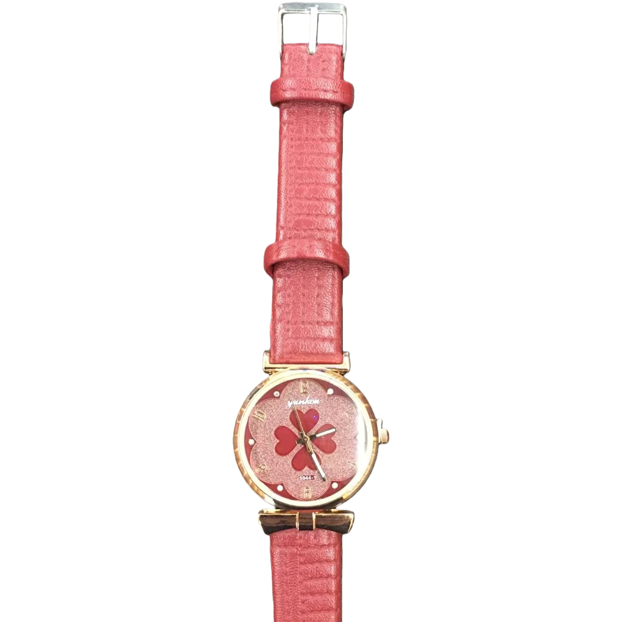 The watch features a red leather strap, a red four-leaf clover dial with a golden border and a dark wooden texture background Item Picture