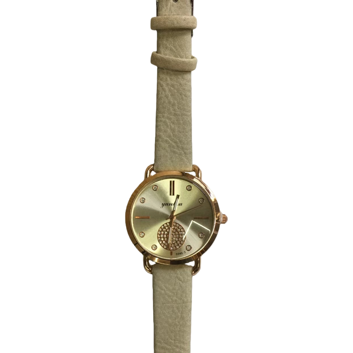A simple and fashionable quartz watch for ladies with a beige leather strap and gold color Item Picture