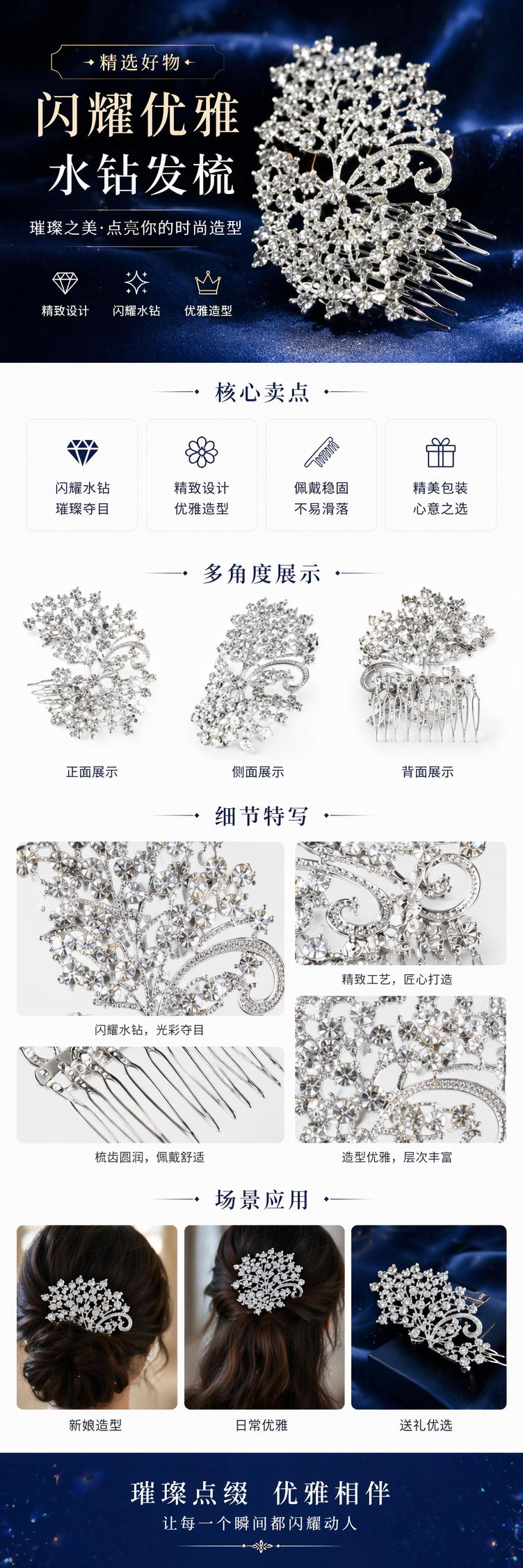 银色镶钻蝴蝶发梳 精致锆石装饰 送礼自用皆宜详情1