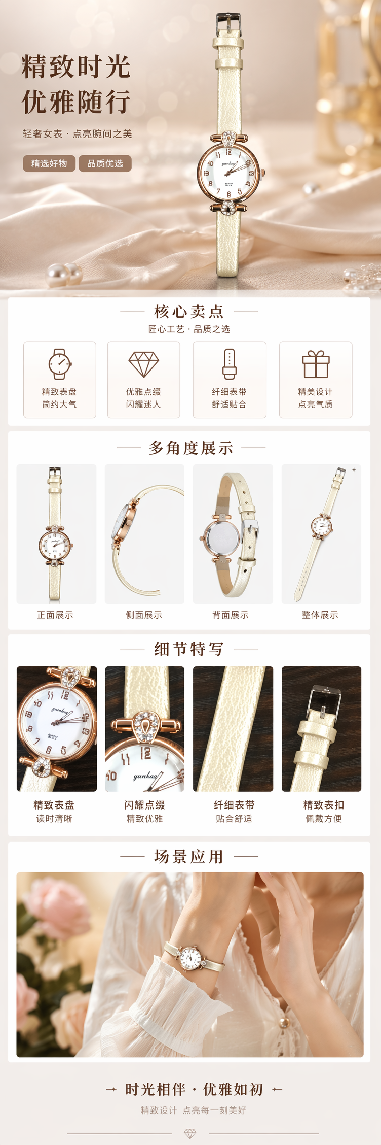 米白色皮质表带玫瑰金镶钻女表 pic 1