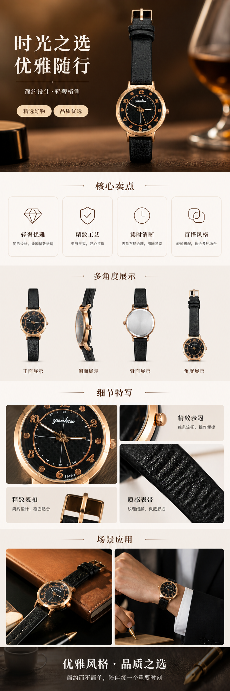 黑色皮质表带金色边框男士手表简约时尚商务休闲详情1