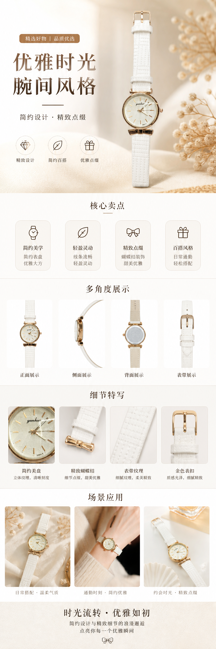 白色表带金色表壳石英女士手表简约时尚轻薄款 pic 1