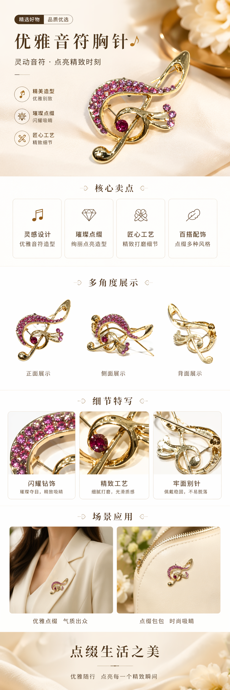 金色音符造型胸针镶嵌粉色玫红色水钻时尚配饰详情1
