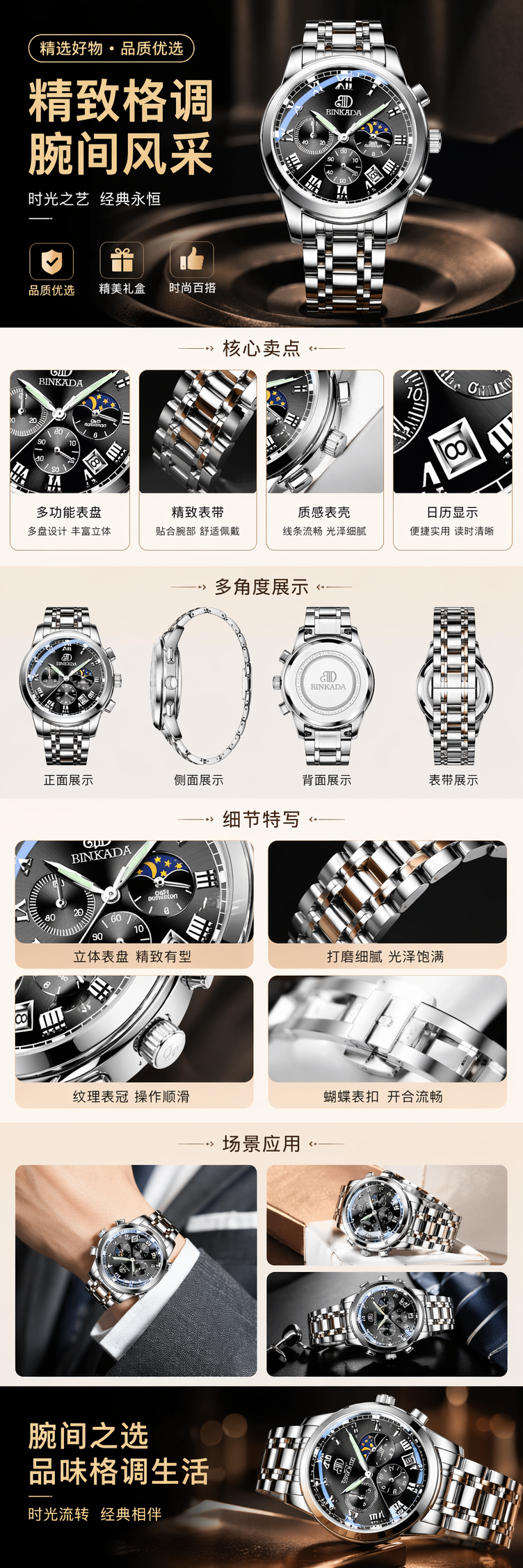 银色金属表带黑色罗马数字月相显示手表 pic 1