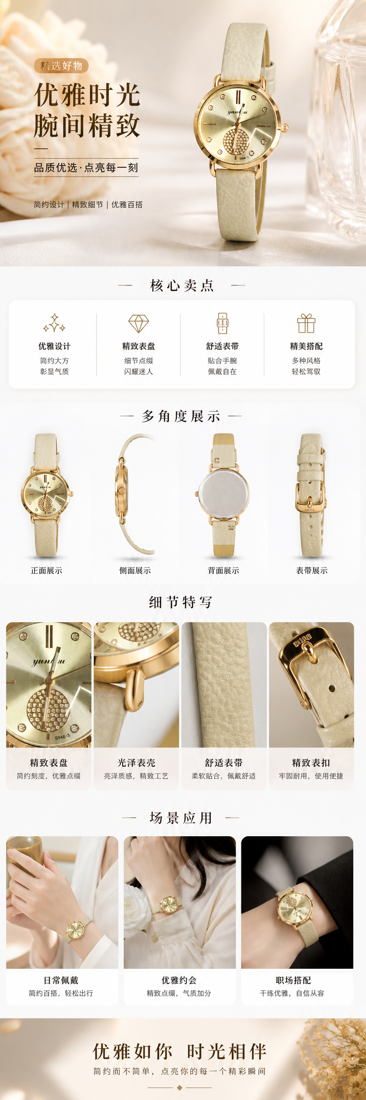 米色皮质表带金色手表女士简约时尚石英表 pic 1