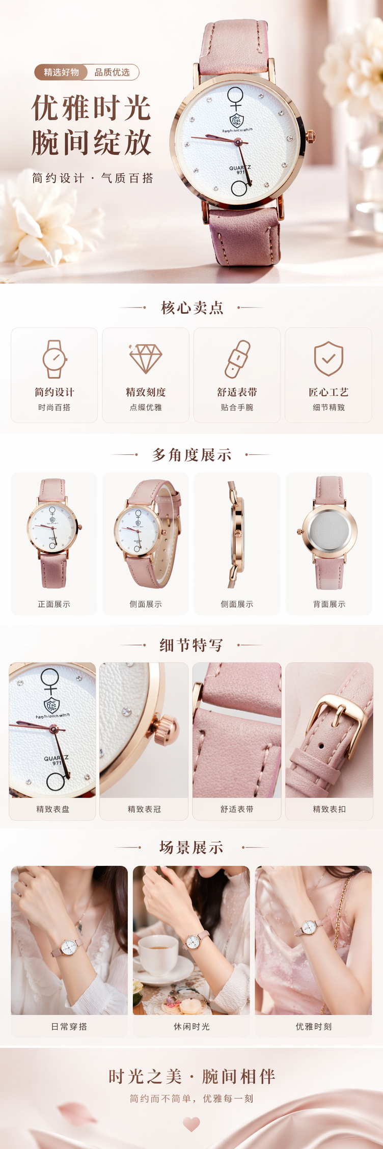 粉色表带金色边框女士时尚石英手表 pic 1