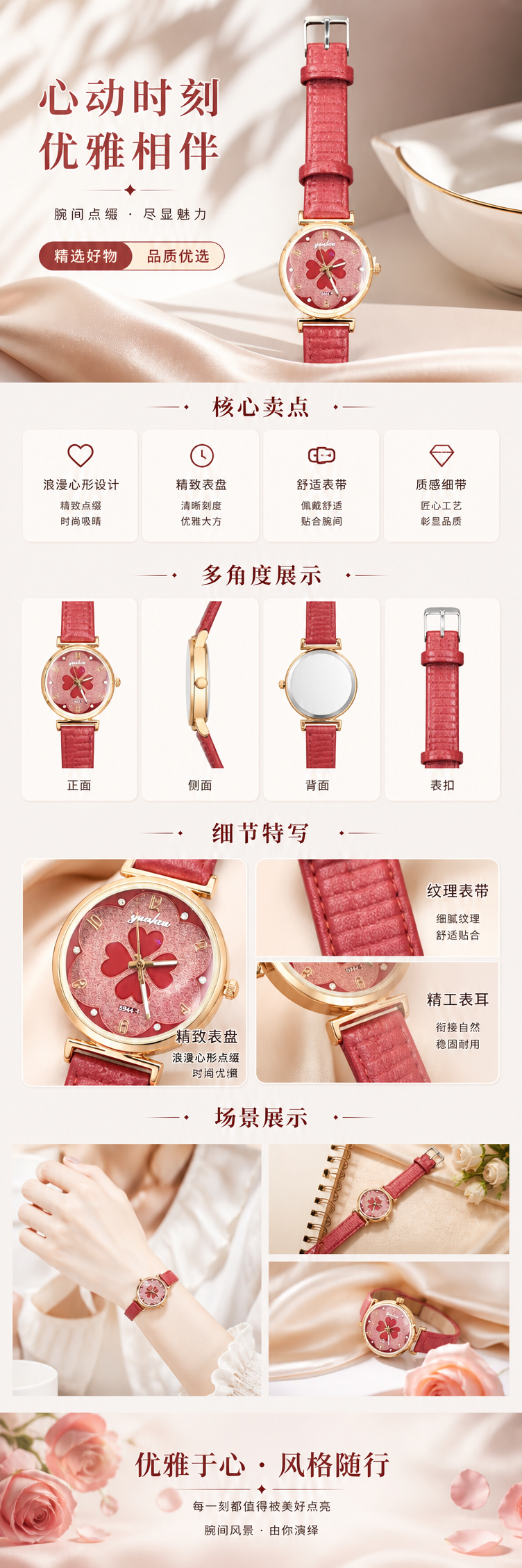 红色皮质表带手表 红色四叶草表盘 金色边框 深色木质纹理背景 pic 1