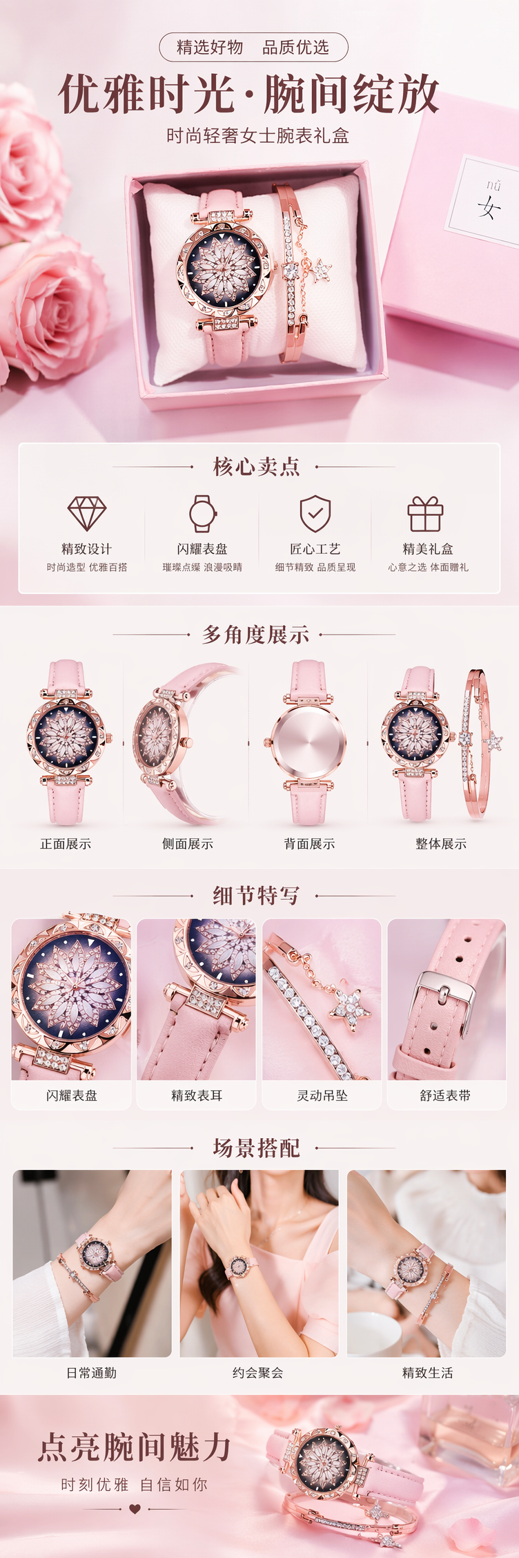 粉色礼盒玫瑰金镶钻手表手链套装 pic 1