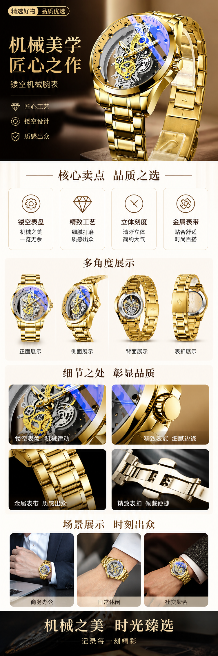 金色机械手表男款简约商务防水夜光316L不锈钢表带 pic 1