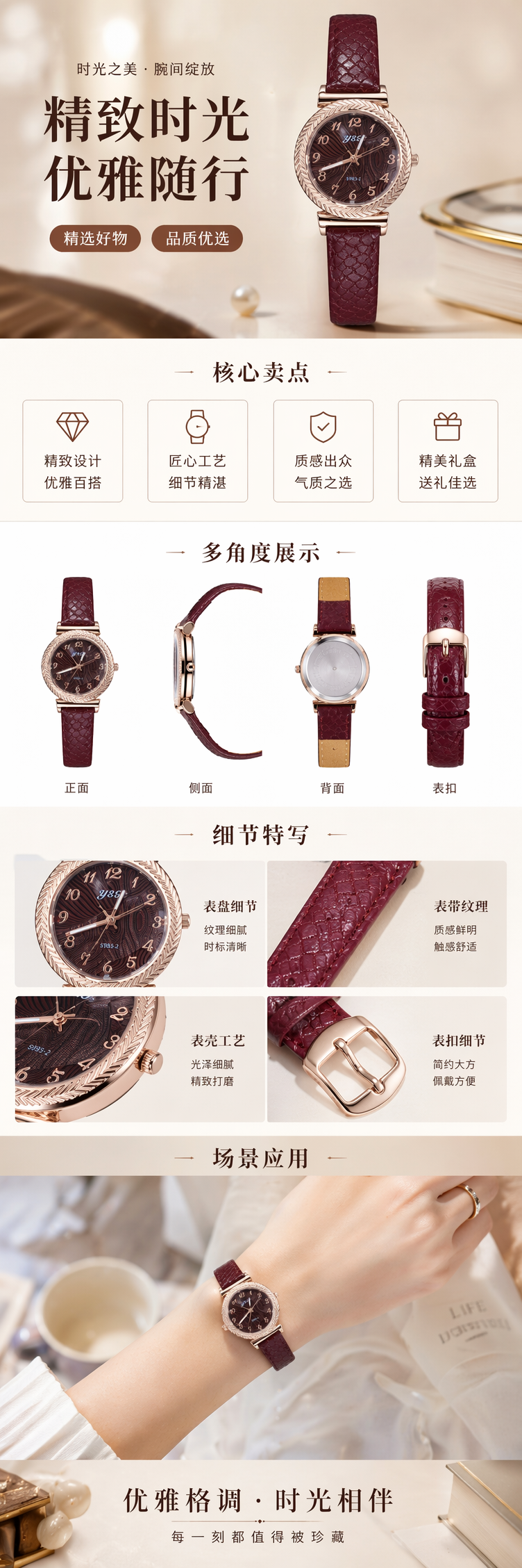 酒红色表带手表女士简约石英表真皮表带 pic 1