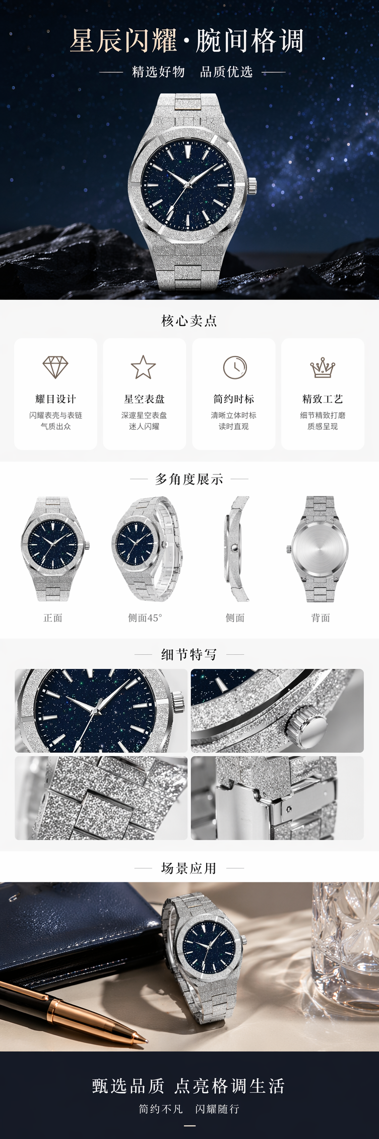 银色星空表盘男士石英手表 防水夜光简约时尚 pic 1