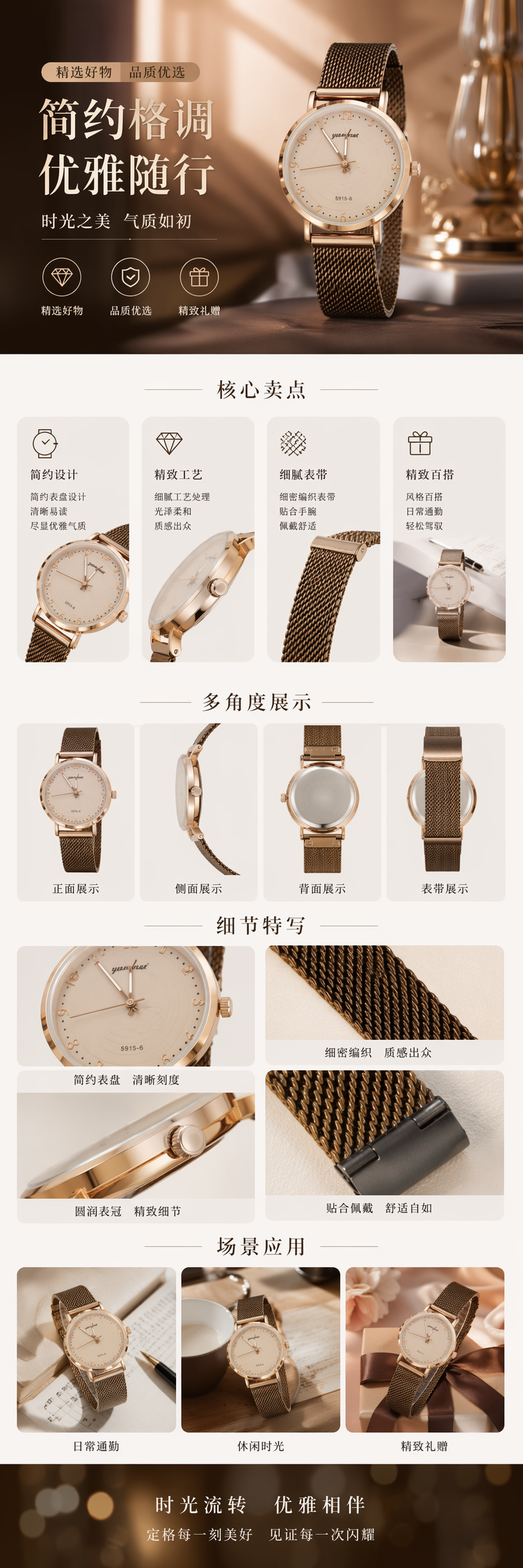 金色表壳米色表盘金属网带手表女士简约时尚石英表 pic 1