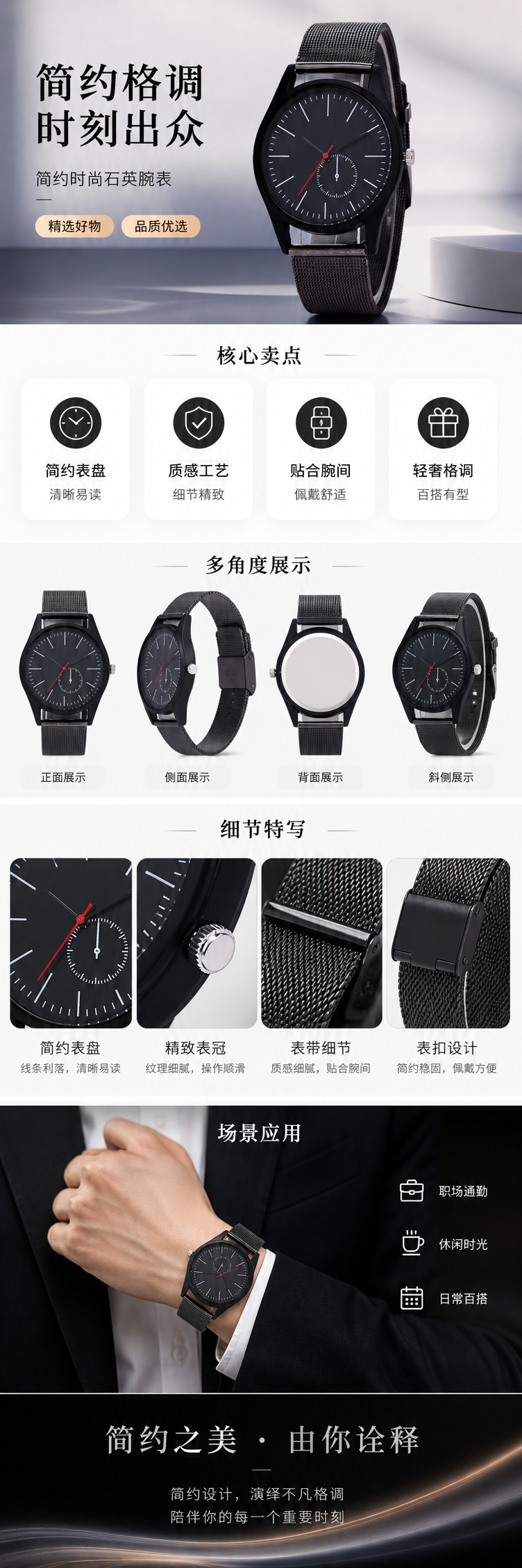黑色表盘男士石英手表简约商务休闲腕表 pic 1