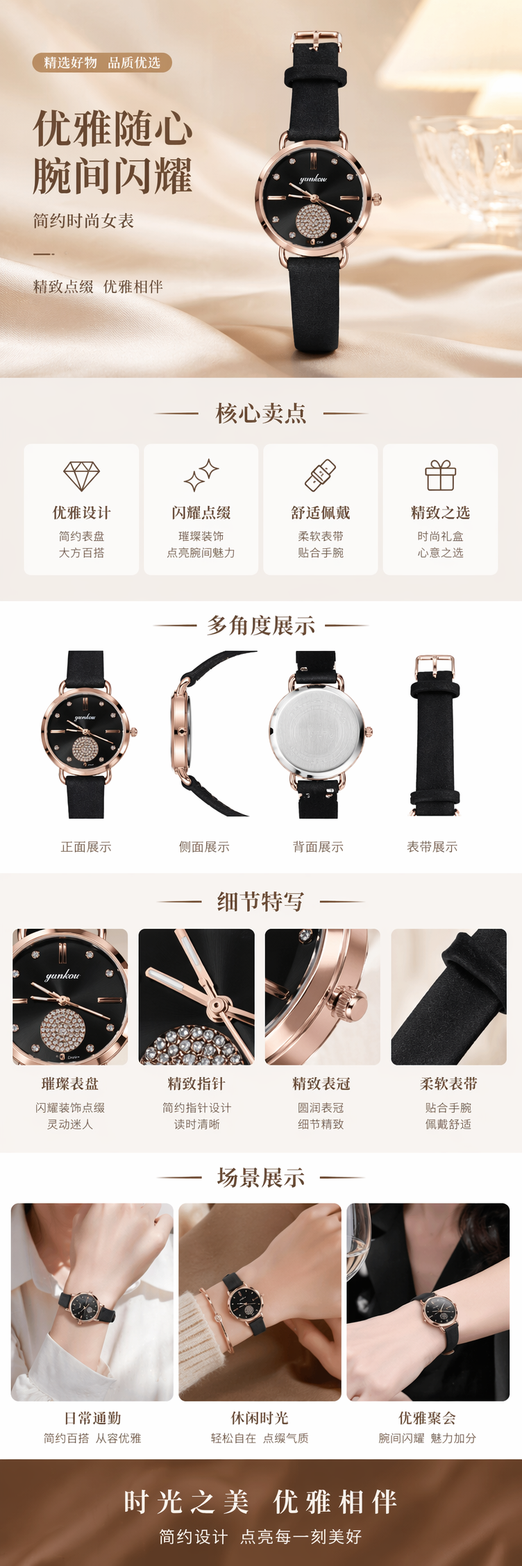 黑色表带玫瑰金边框女士石英手表 pic 1