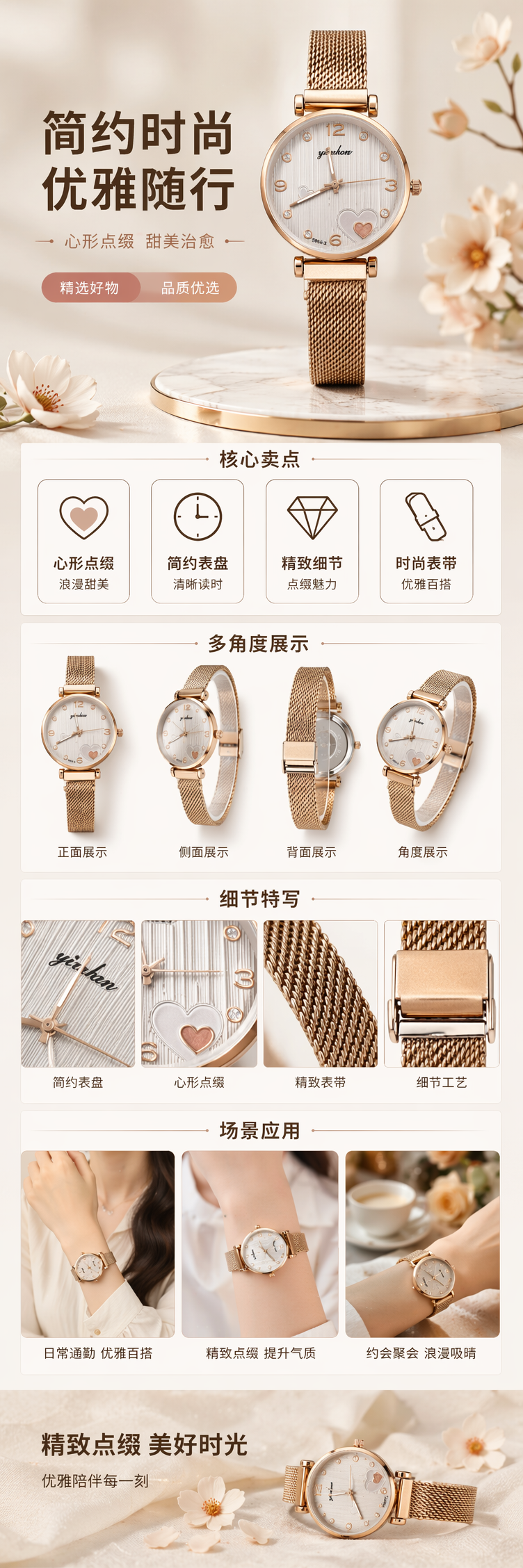 金色表壳白色条纹心形装饰手表金属网状表带配白支架 pic 1