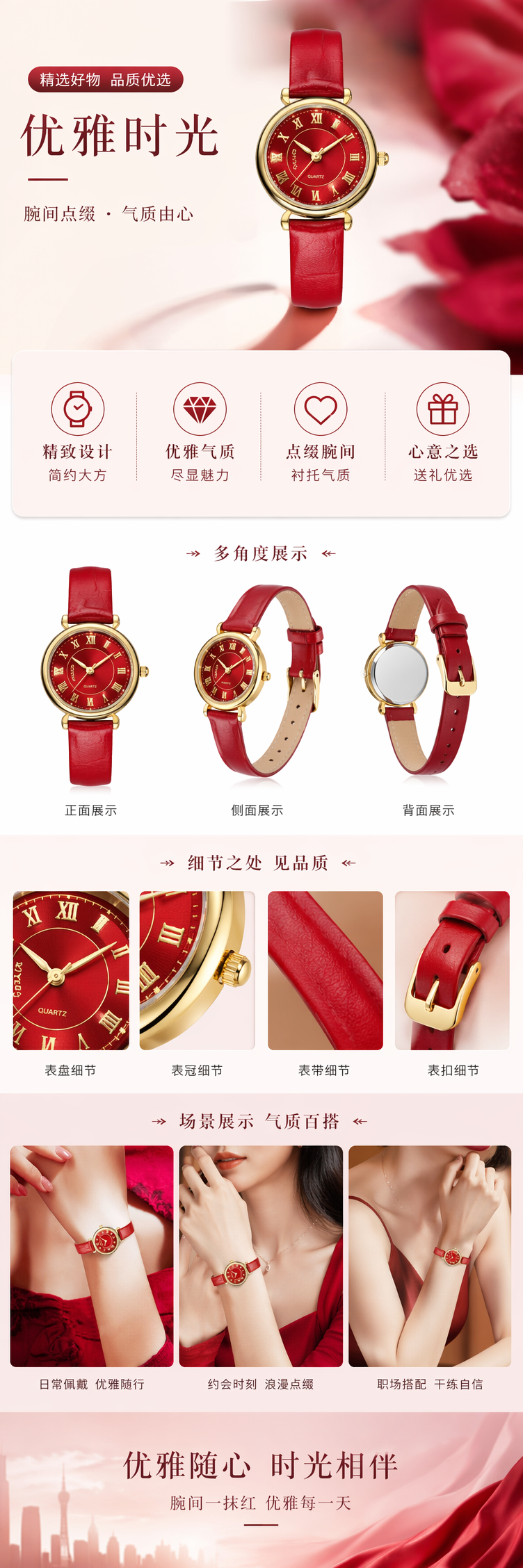 红色表盘手表男士简约石英腕表防水夜光时尚商务休闲 pic 1