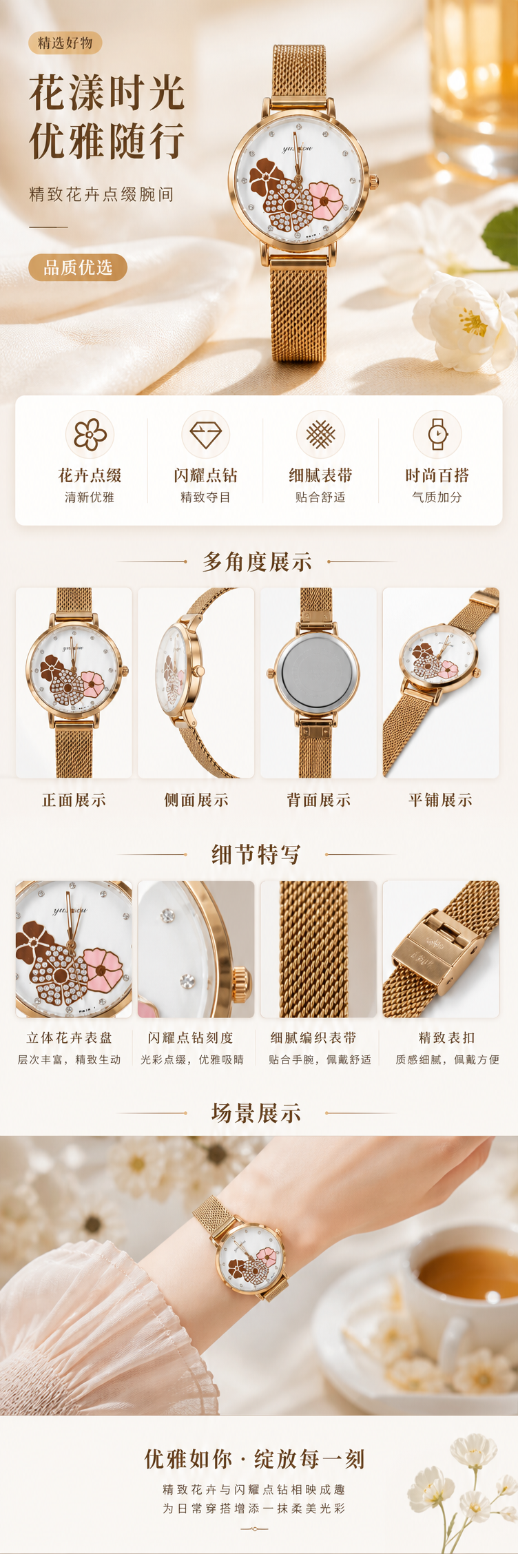 金色表壳表带白色表盘花朵图案水钻手表 pic 1
