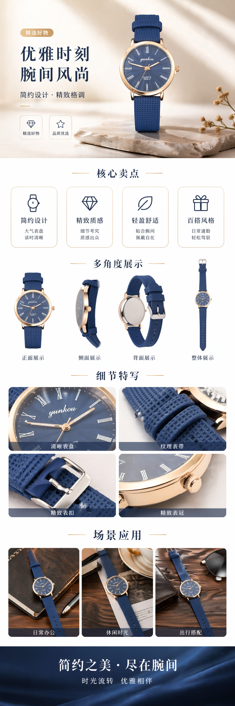 蓝色表带手表不锈钢表壳轻薄设计日常通勤腕表 pic 1