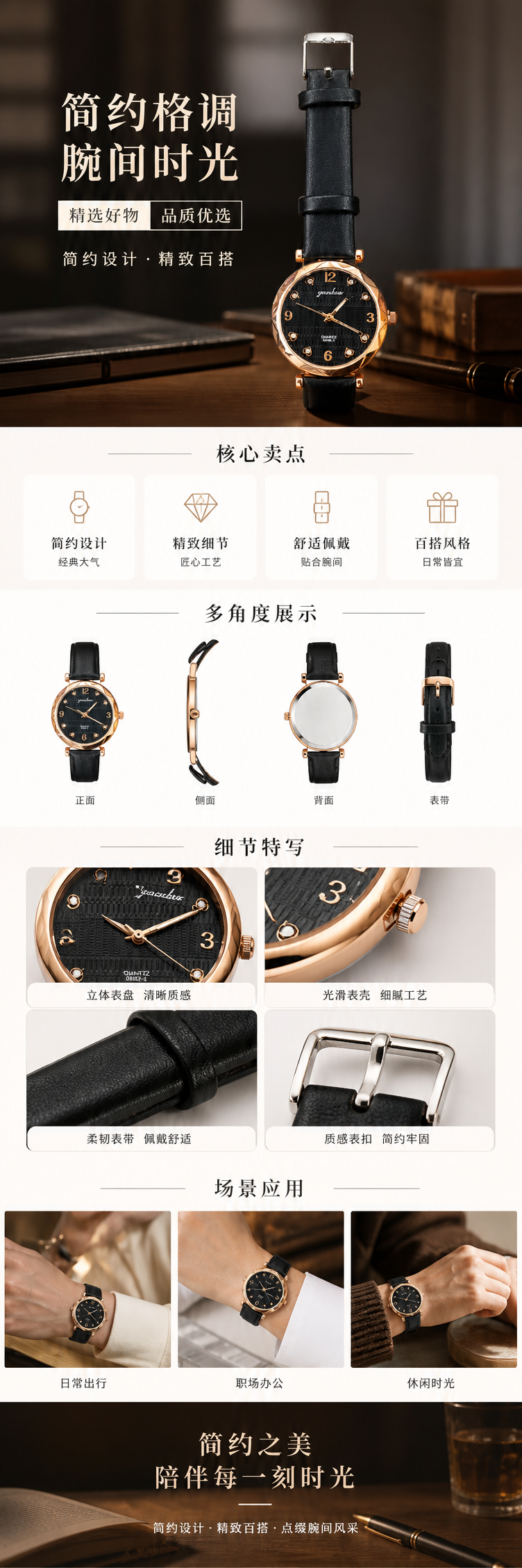 黑色表带金色表壳男士石英手表简约商务休闲 pic 1