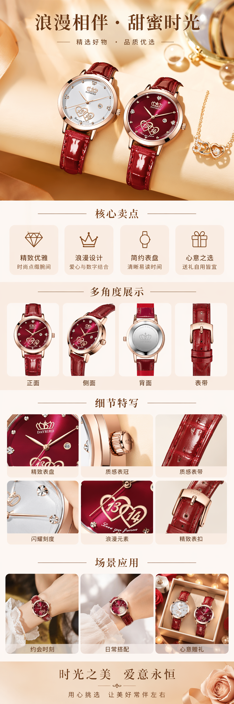 玫瑰金表壳红色酒红色皮带手表 pic 1