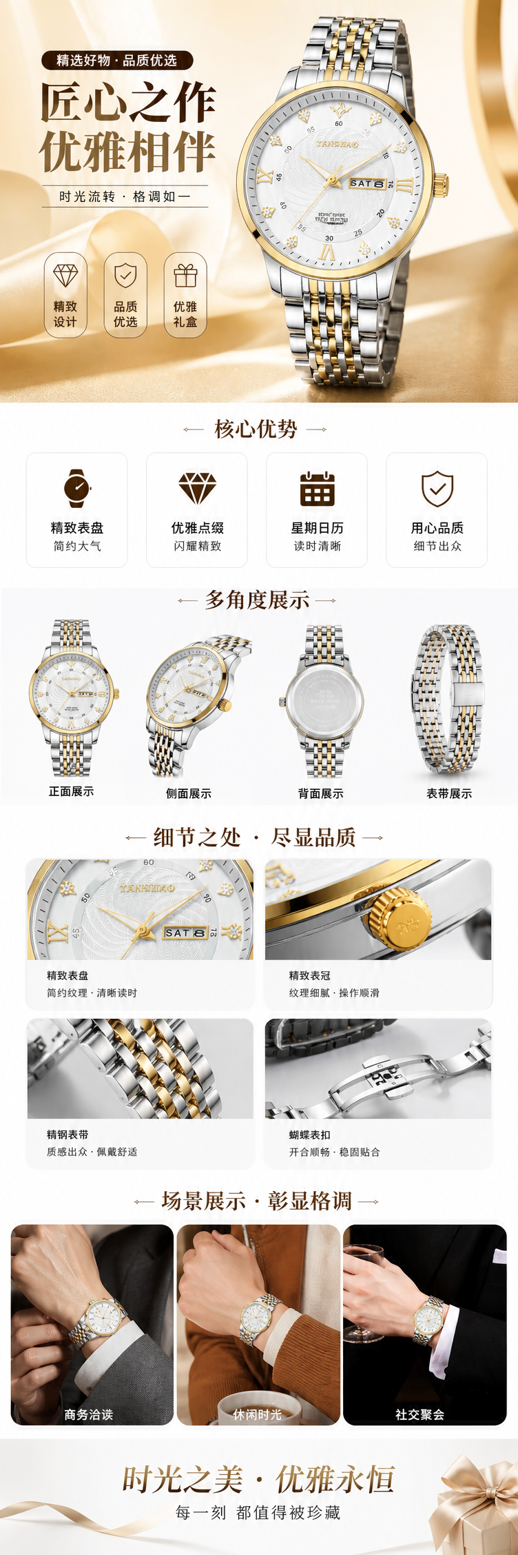 金色镶钻表盘双色金属表带手表 pic 1