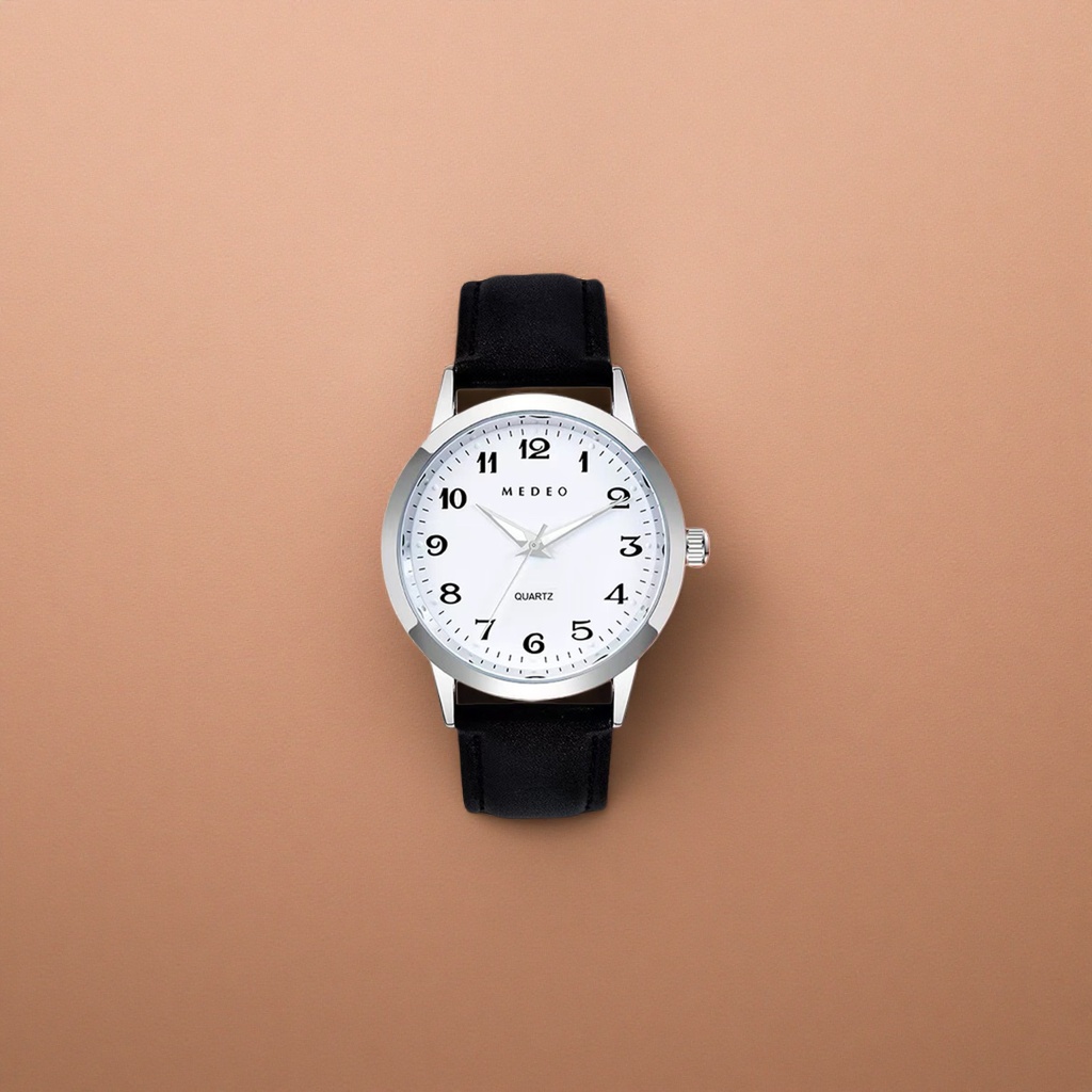 Серебристый корпус, белый диск, черный кортикальный часы Specification image