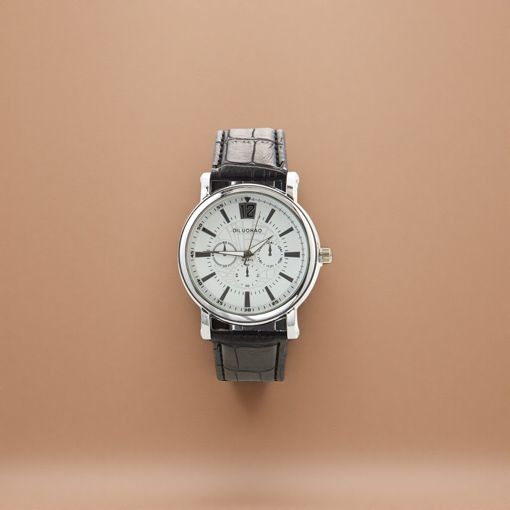 A watch with a silver case, black crocodile-patterned strap and a white dial Application Scenario
