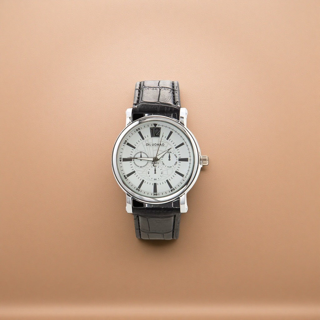 A watch with a silver case, black crocodile-patterned strap and a white dial details Picture