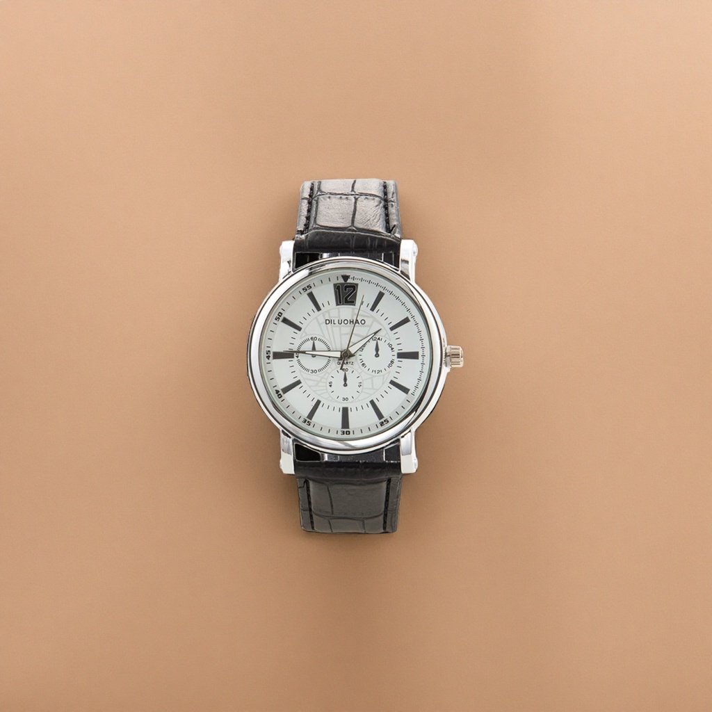 A watch with a silver case, black crocodile-patterned strap and a white dial Specification image