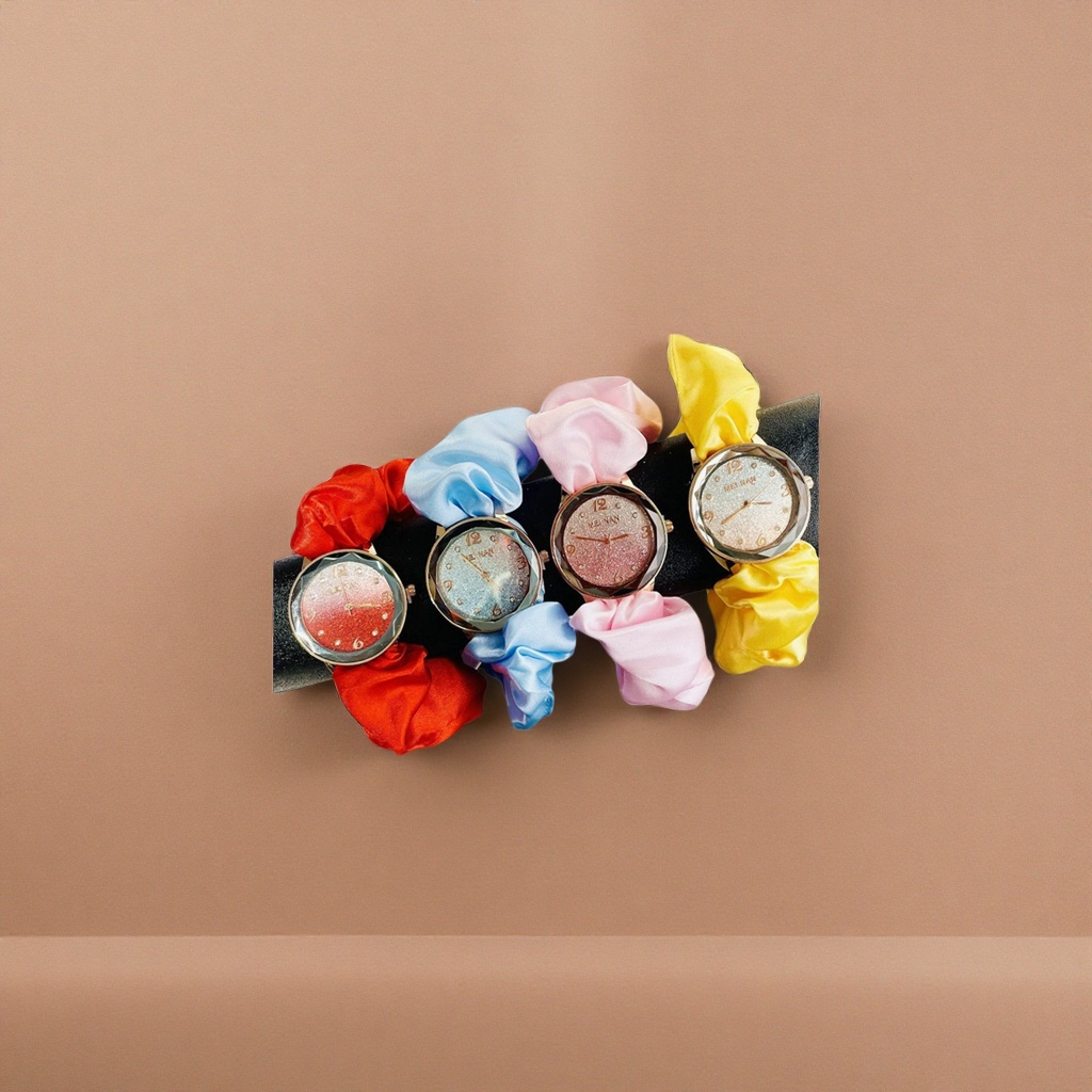A personalized wristwatch decorated with colorful silk hair bands and LED flashlights