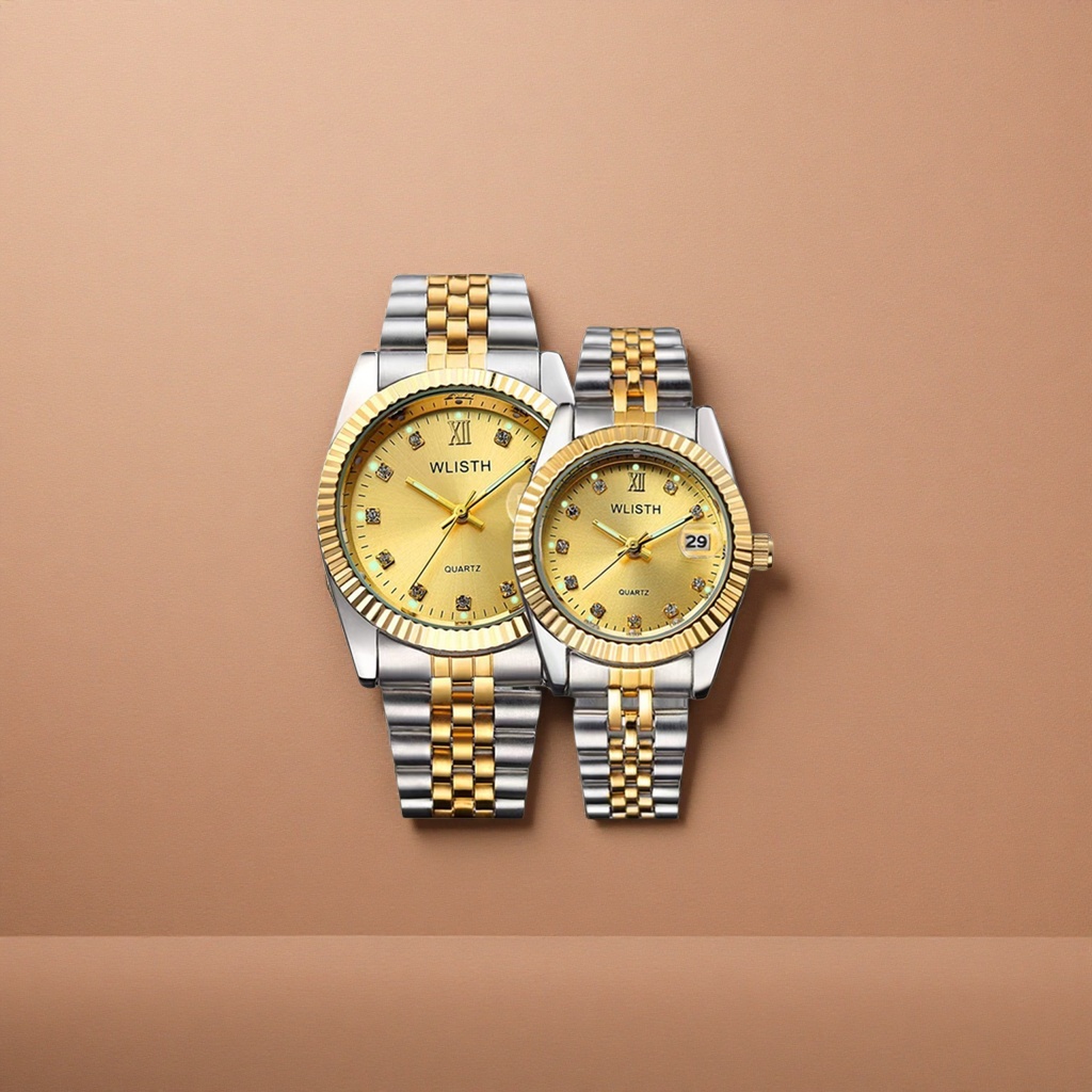 A fashionable quartz watch for women with a golden dial and a two-tone metal strap