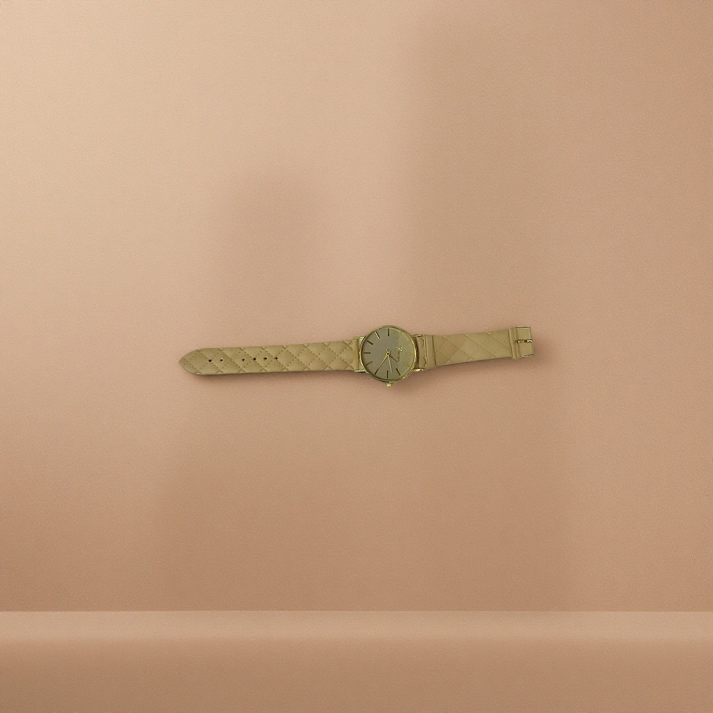The beige diamond-patterned strap watch is a fashionable and simple ladies' wristwatch with an adjustable leather strap
