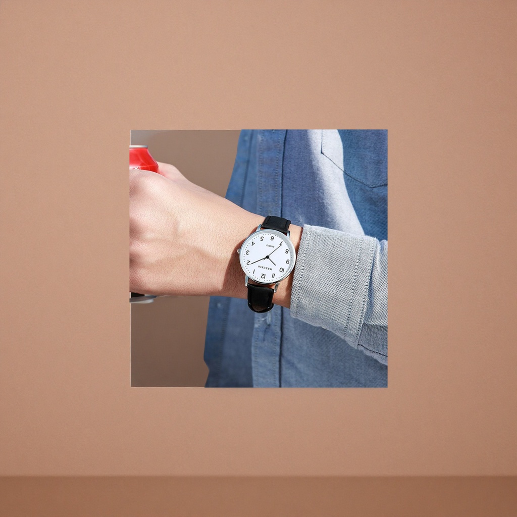 The quartz watch with a white dial and black leather strap is versatile for both business and casual occasions Specification image