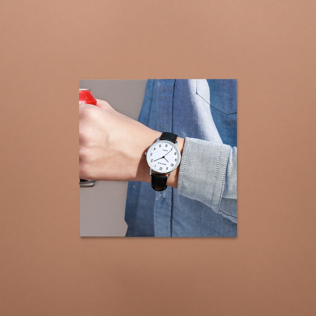 The quartz watch with a white dial and black leather strap is versatile for both business and casual occasions Application Scenario