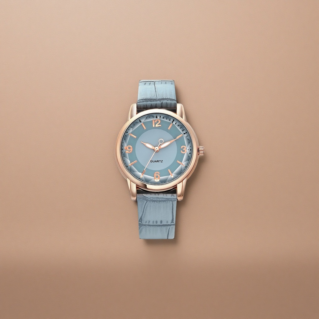 A rose gold ladies' quartz watch with a light blue dial Specification image