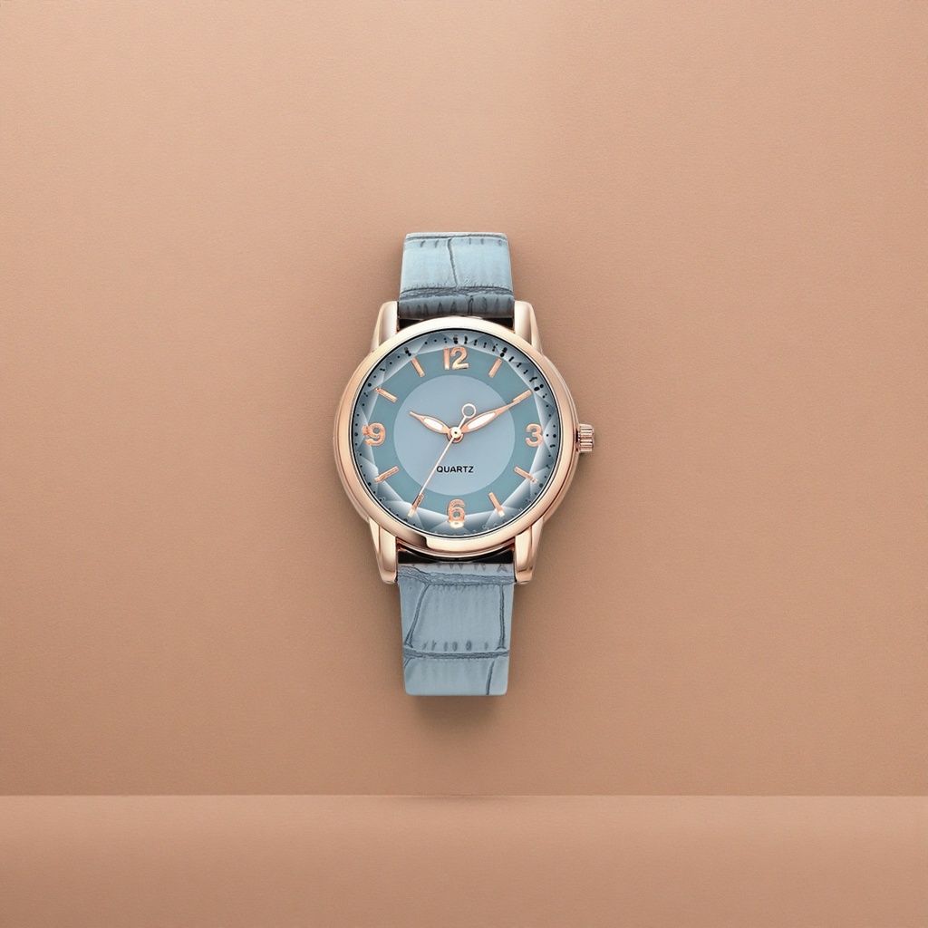 A rose gold ladies' quartz watch with a light blue dial