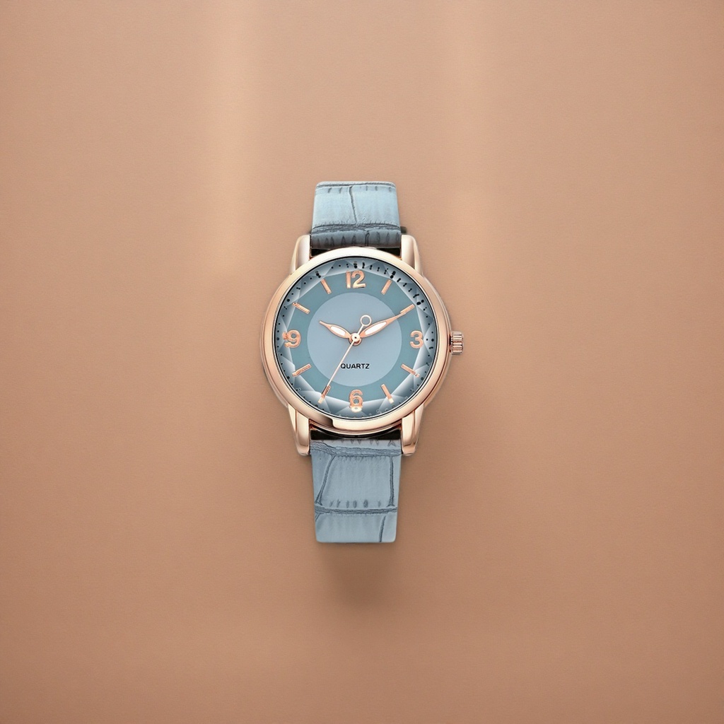 A rose gold ladies' quartz watch with a light blue dial Application Scenario