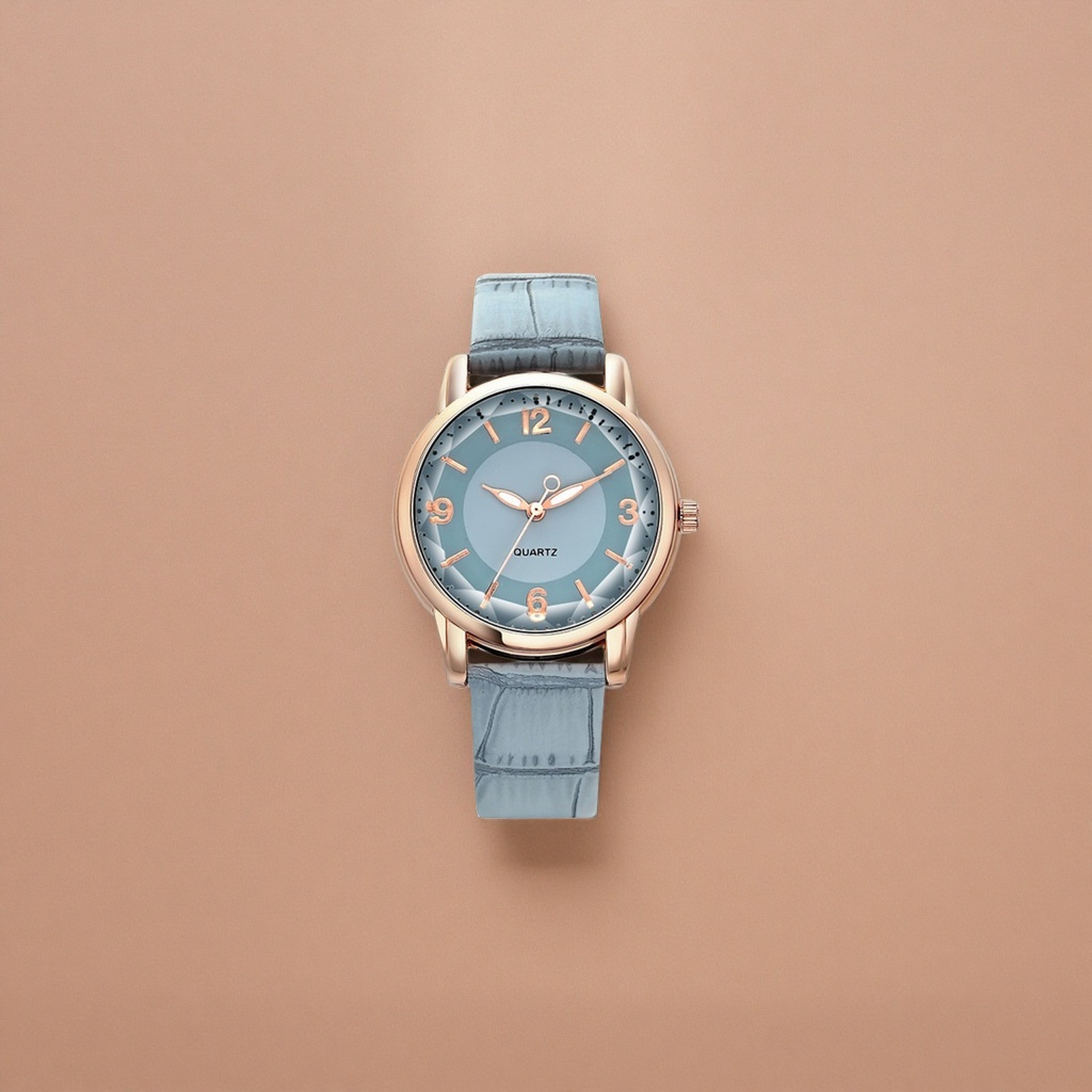 A rose gold ladies' quartz watch with a light blue dial details Picture