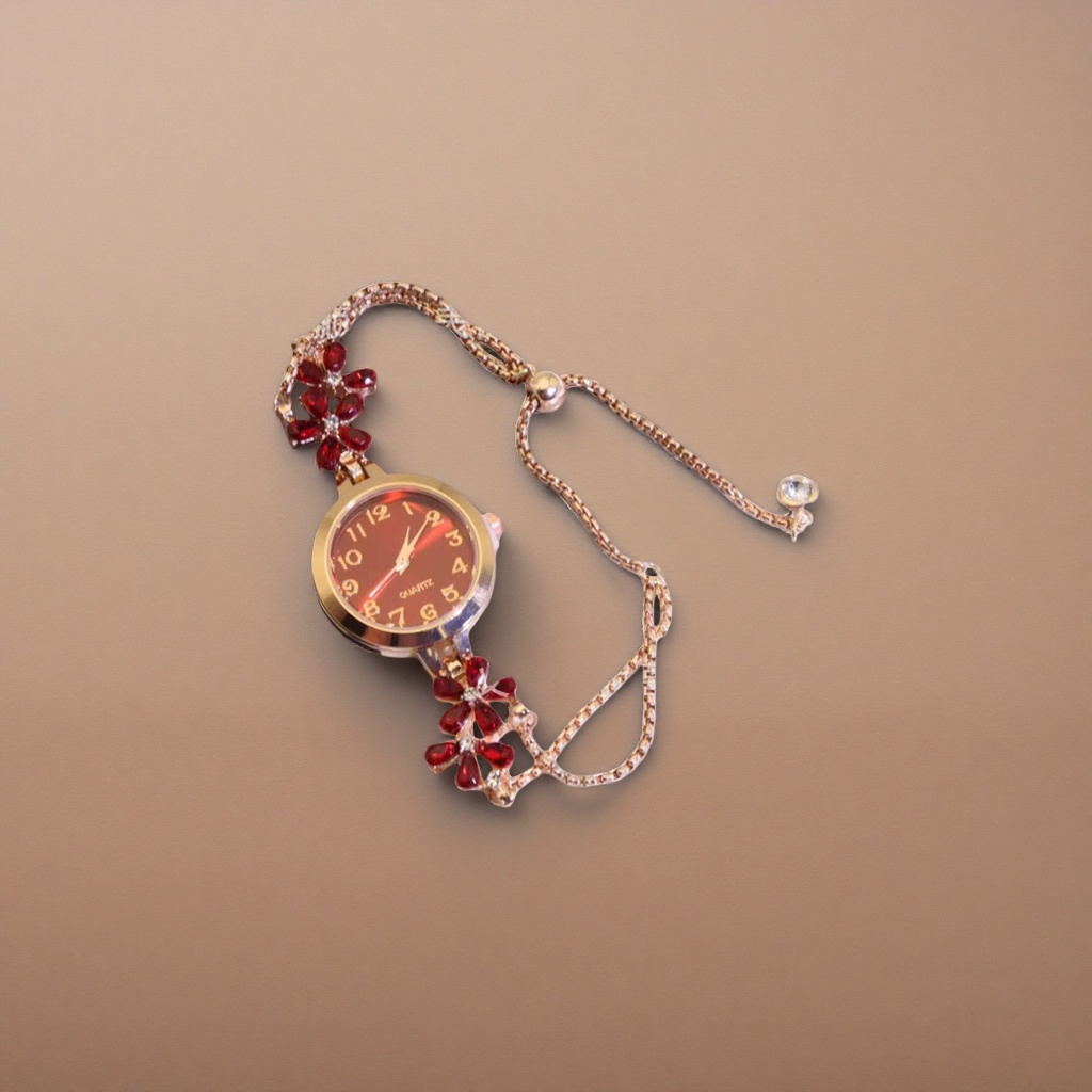 سلسلة ذهبية من الزهور الحمراء مزخرفة بساعة الرقبة Specification image