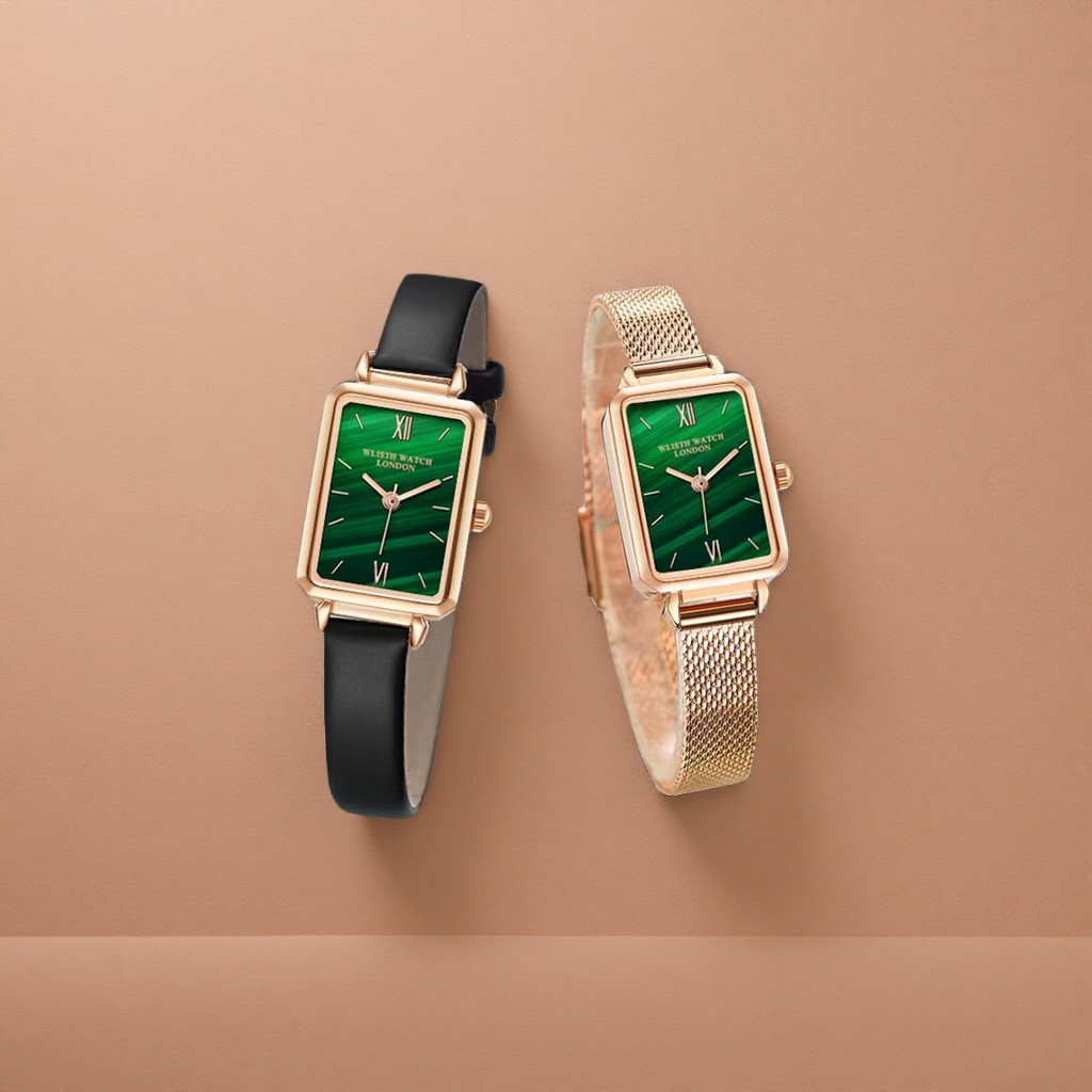 The rose gold ladies' quartz watch with a green dial features a fashionable, simple and light luxury style