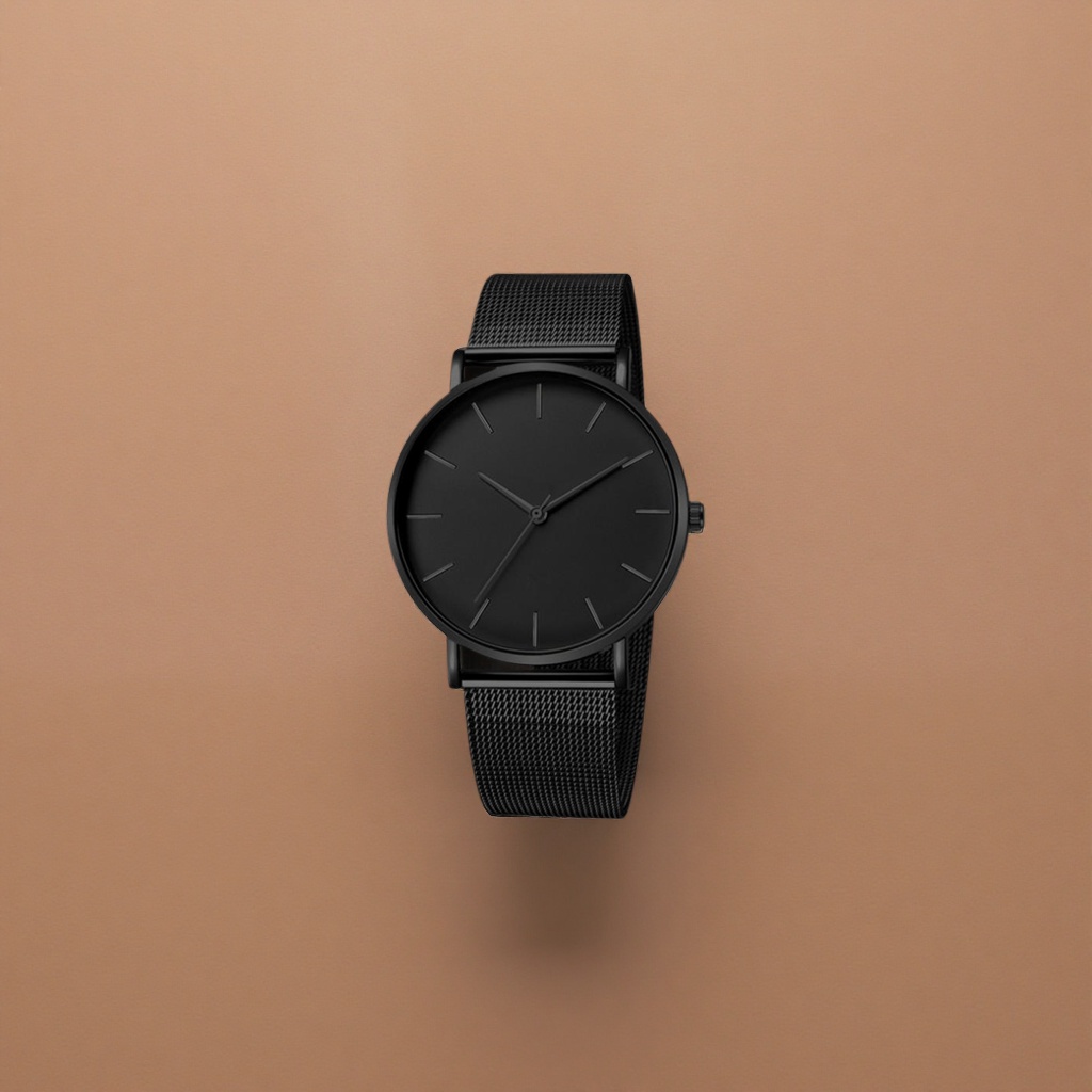 Black stainless steel strap men's watch, 38mm luminous waterproof quartz movement details Picture