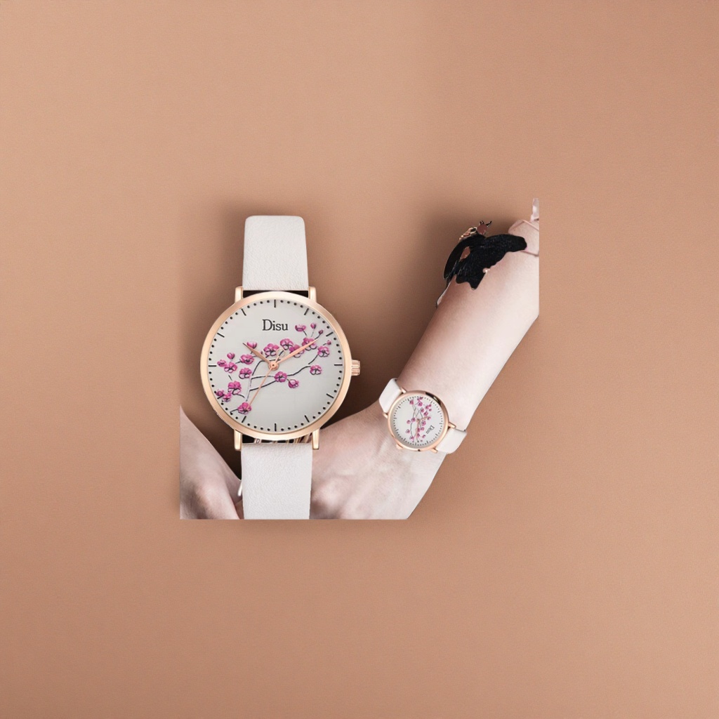 Disu pink cherry blossom pattern rose gold case white strap ladies' watch