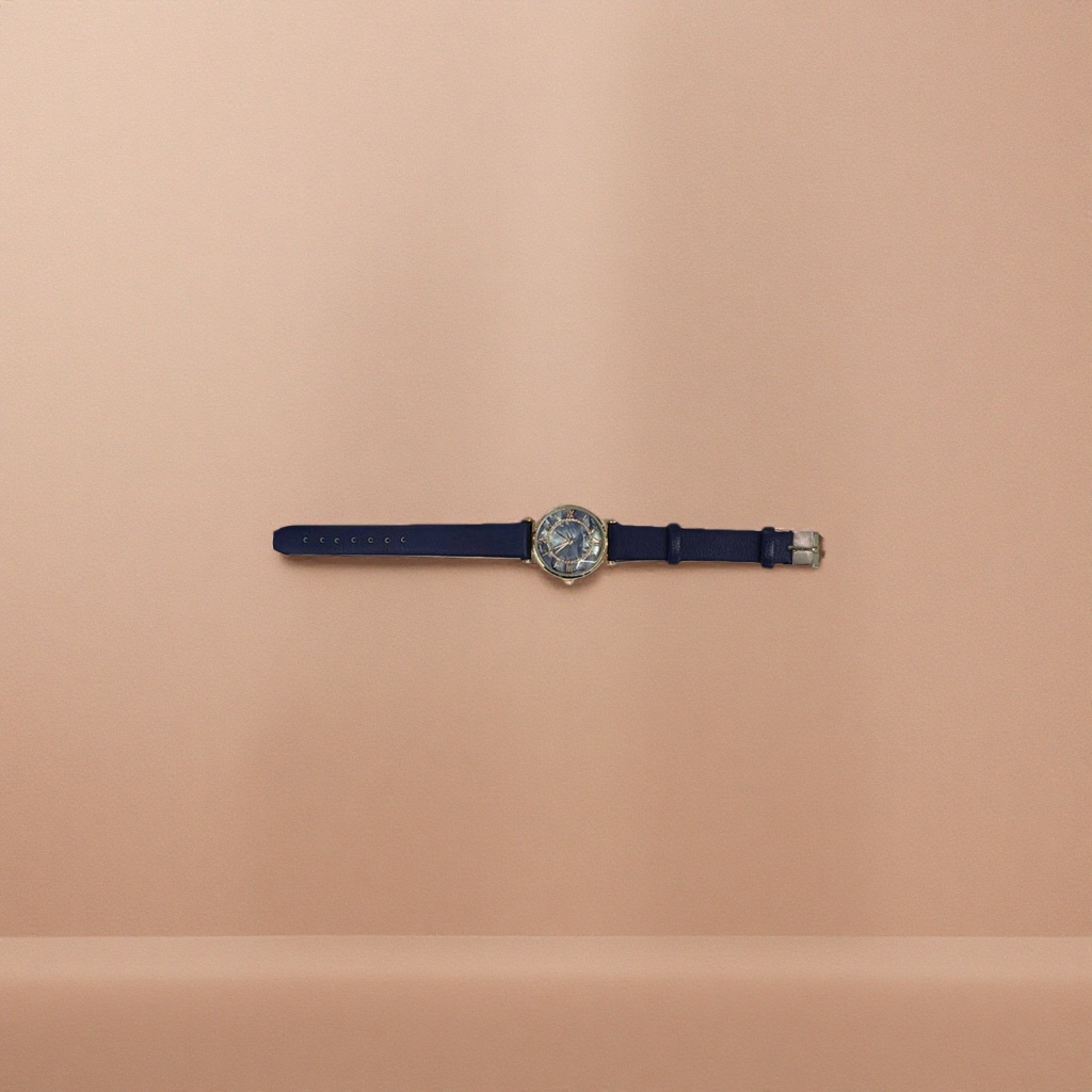 A quartz ladies' watch with a dark blue strap and a golden case