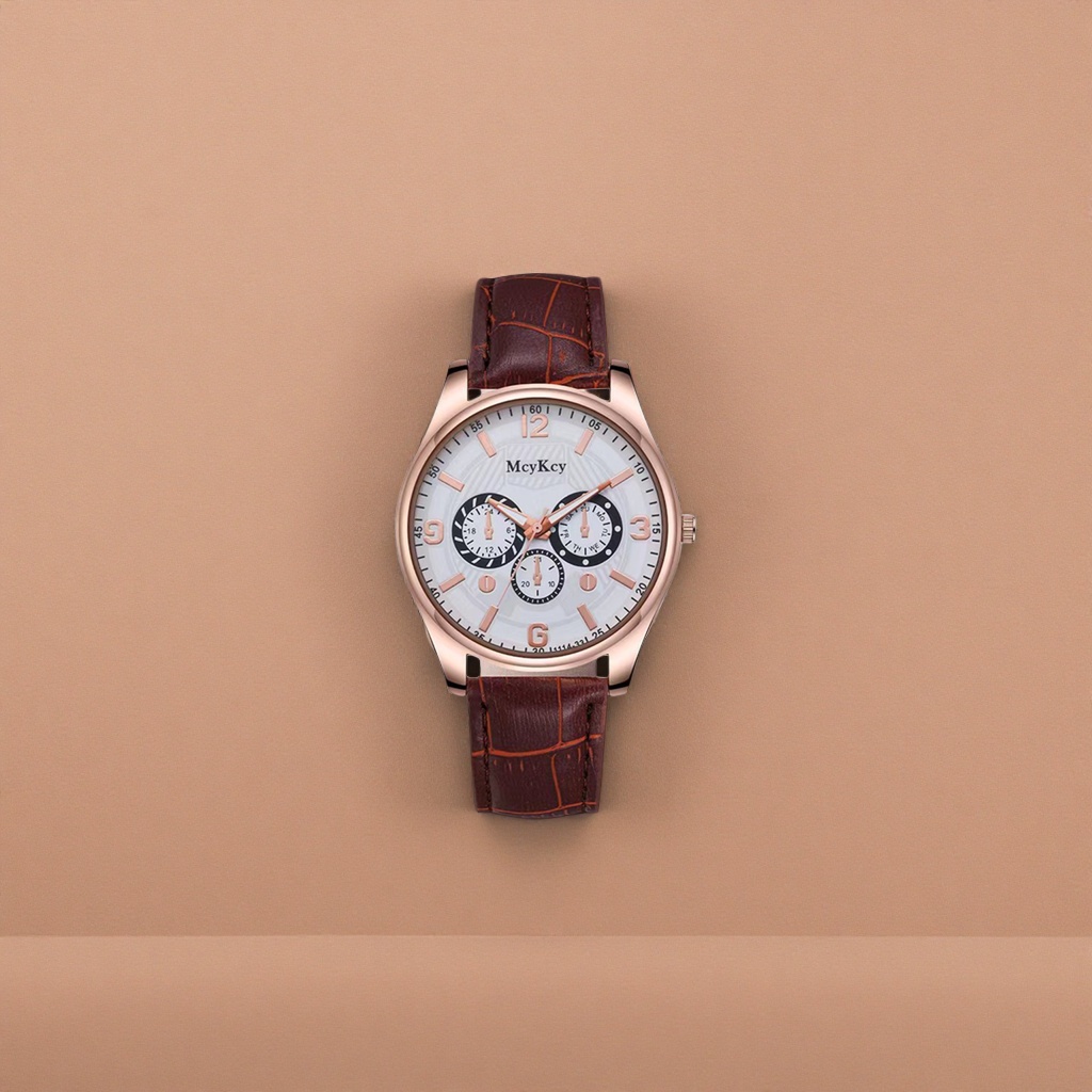 Ladies' watch with rose gold case, white dial and brown leather strap