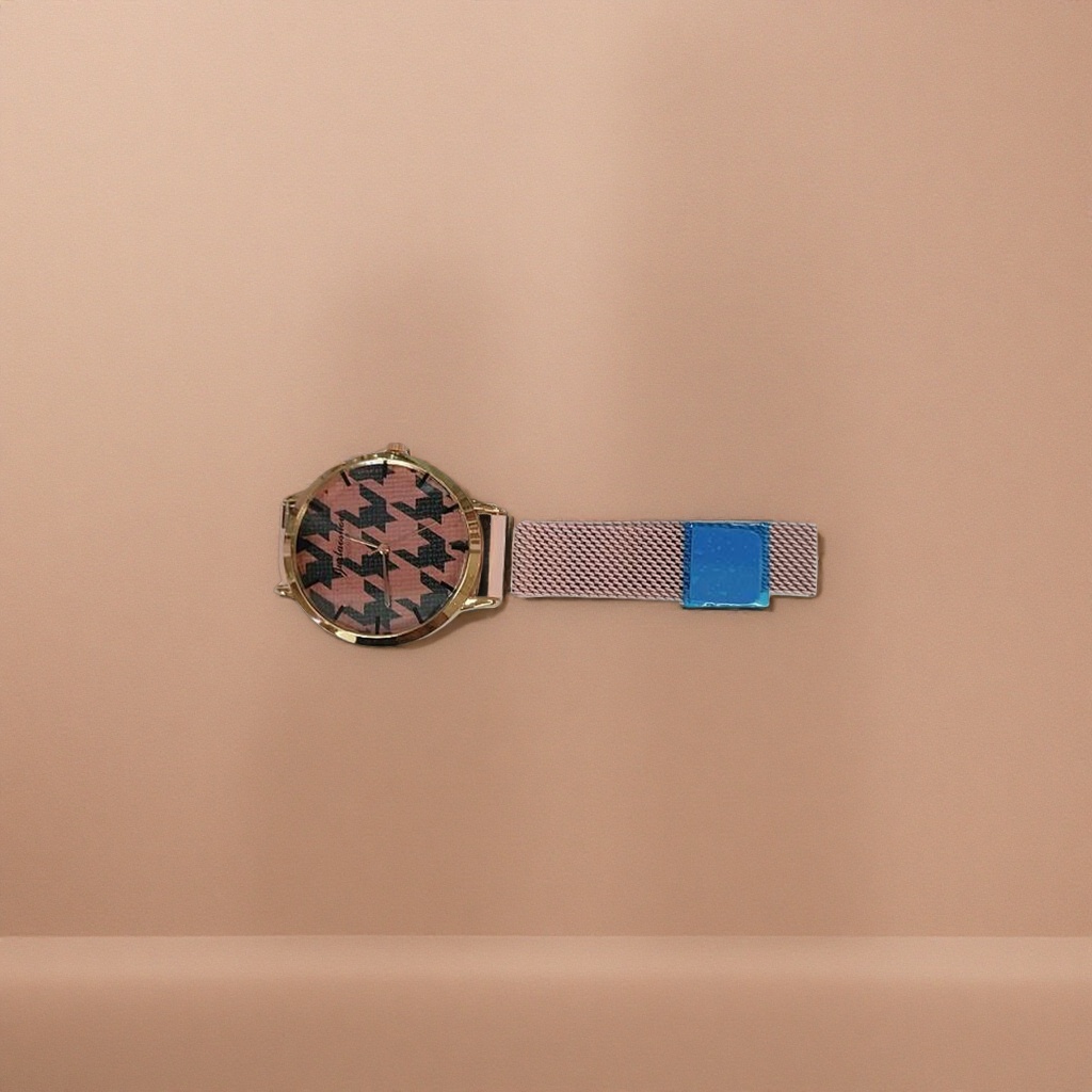 Pink checkered ladies' watch, simple and fashionable quartz watch with genuine leather strap